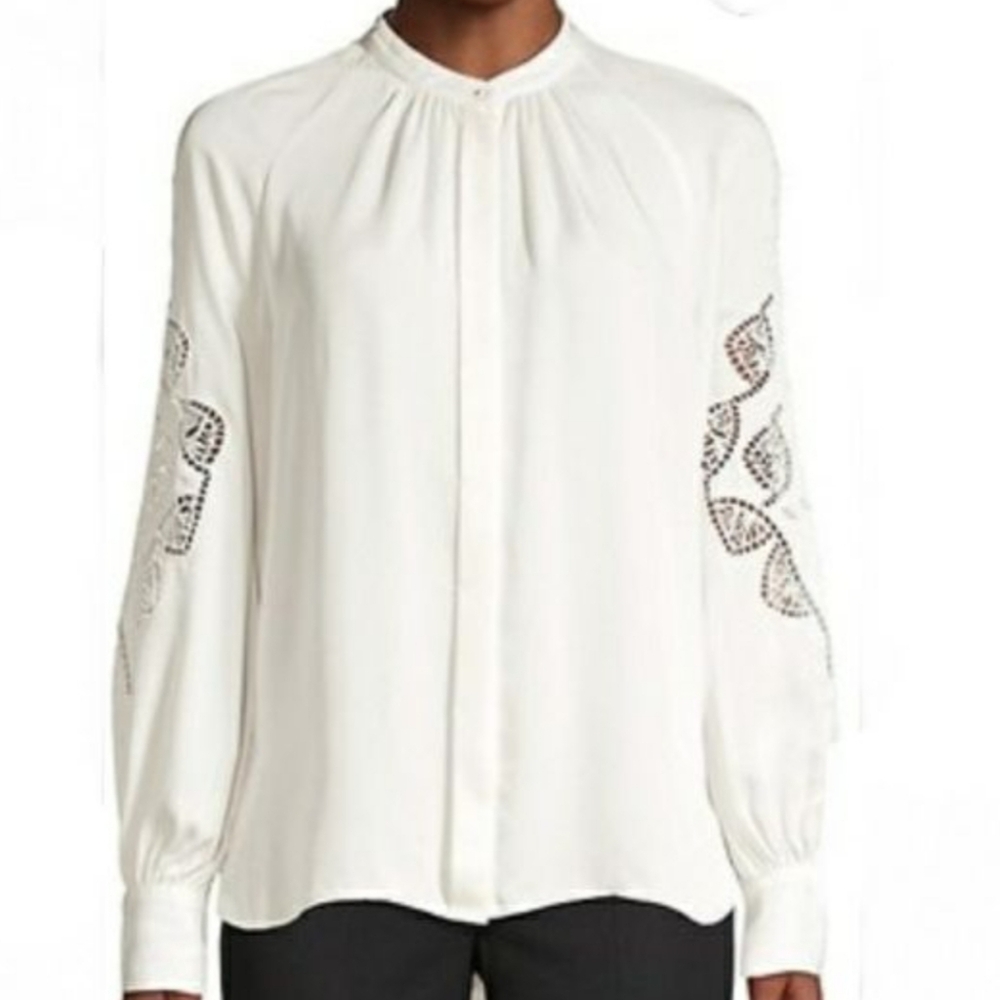 NWT Elie Tahari 100% Silk Ivory Long Sleeve Blouse Eyelet Office Career Preppy